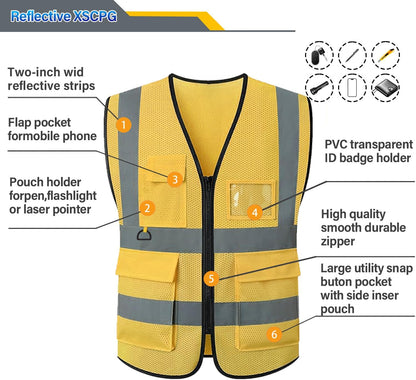 Reflective Mesh Safety Vest, Breathable Hi Vis Vest Construction Work with 5 Pockets and Zipper for Men Women