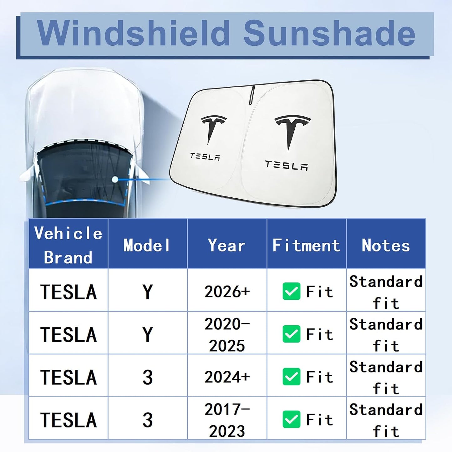 Windshield Sunshade for Tesla Model 3 & Model Y, Digital Printed Double-Sided Fabric Sun Visor, Silver Outside Black Inside UV Block Sunshade Compatible with 2017-2026 Model 3 2021-2026 Model Y
