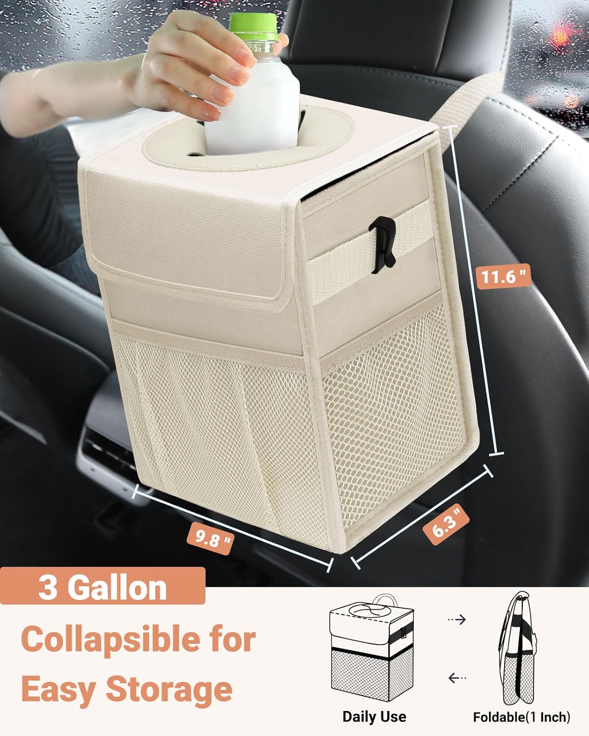 Capolo Car Trash Can with Lid, Leakproof Car Trash Bag Hanging Waterproof Automotive Garbage Can with Storage Pockets Mini Vehicle Trash Bin for Back/Front Seat(Black,2.5 Gallon)