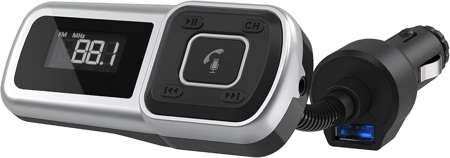 Scosche BTFM9 FM Bluetooth Transmitter Car, Dual 12W USB-C and USB-A Charging Ports, Fast Type C Car Charger, Wireless Radio Bluetooth Adapter, Hands-Free Kit for Calls, Siri and Google Assistant