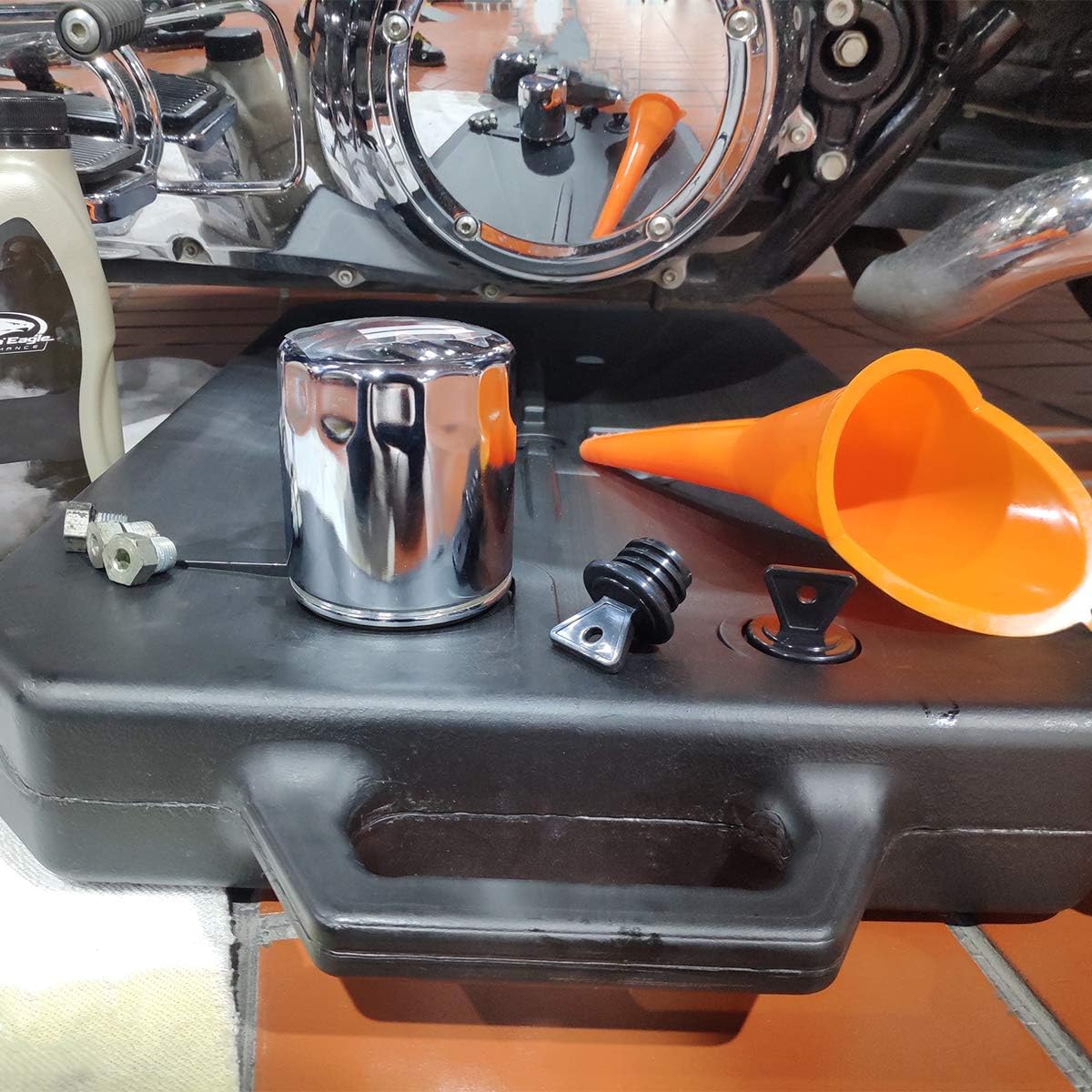 XFMT Oil Drain Pan 10 Quart Low Profile Oil Drain Container for Oil Change, Panel Groove Design, with Portable Handle & Sealing Caps, Universal Fit For Motorcycle Car ATV