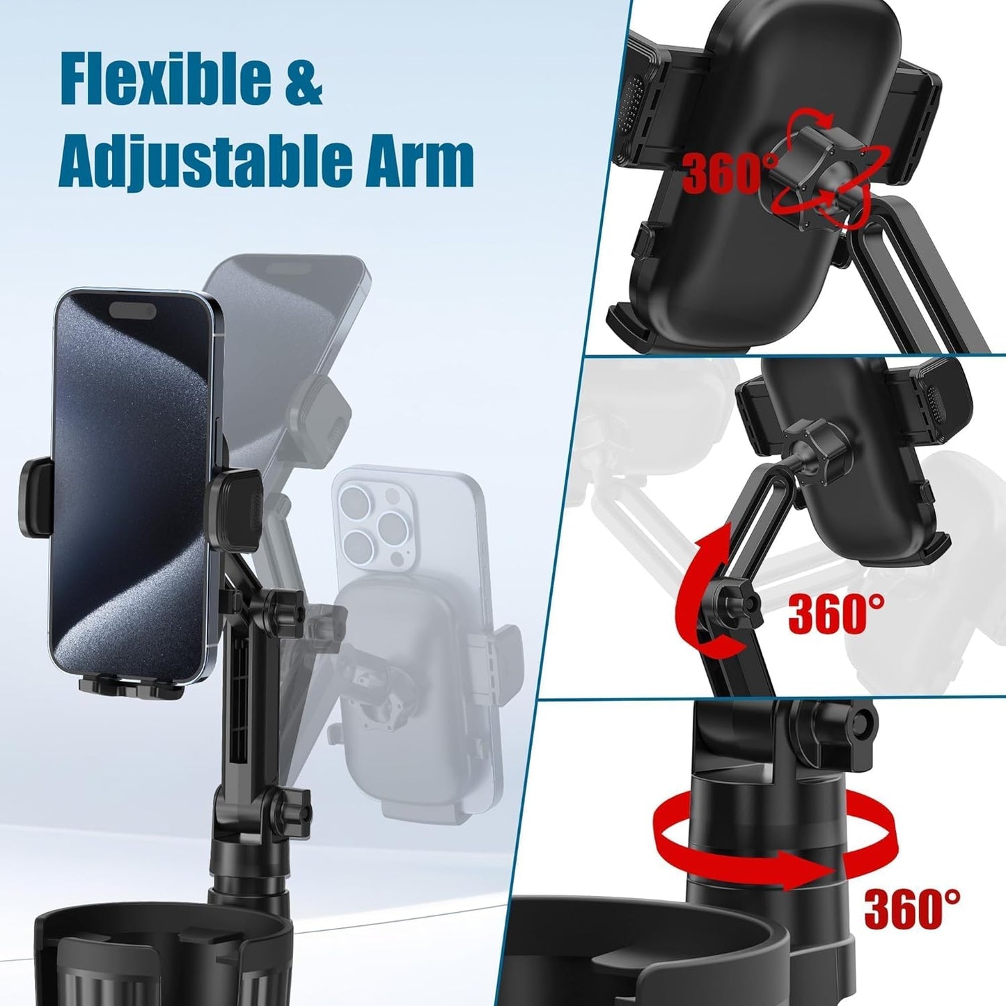 Phone Holders for Your Car Cupholder, 2 in 1 Cell Phone Holder Mount with Cup Holder Expandable Base, 360 Degree Rotating Neck, Fits All 4-7" Smartphones and Most Bottles, 1 Pack
