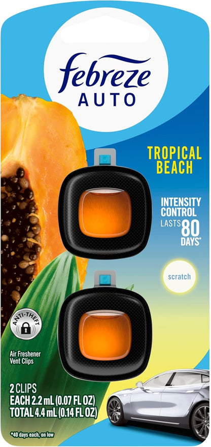 Febreze AUTO Air Freshener, Odor-Fighting Automotive Vent Clip, Scented Car Accessories, Long Lasting for Strong Odors, Tropical Beach Scent, 2 Count