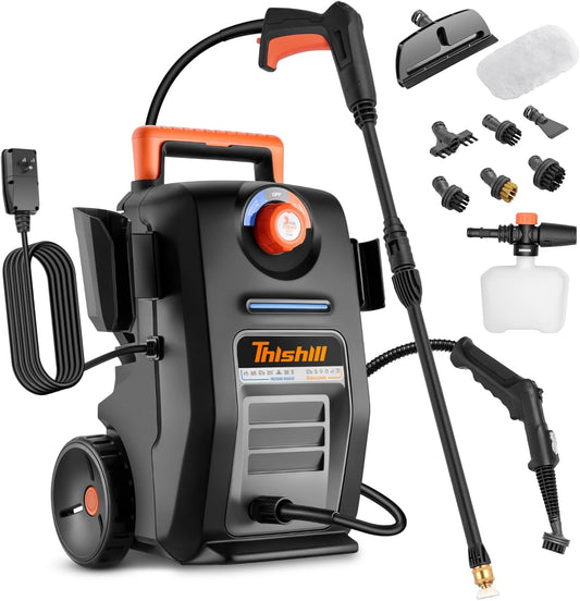 This Hill 2-in-1 Pressure Washer and Steam Cleaner, 3000 PSI 2 GPM Power Washer, 1500W Steam Cleaner with 1L Tank, Portable Cleaning Machine for Car Detailing, Patio, Tile, Grout, Furniture