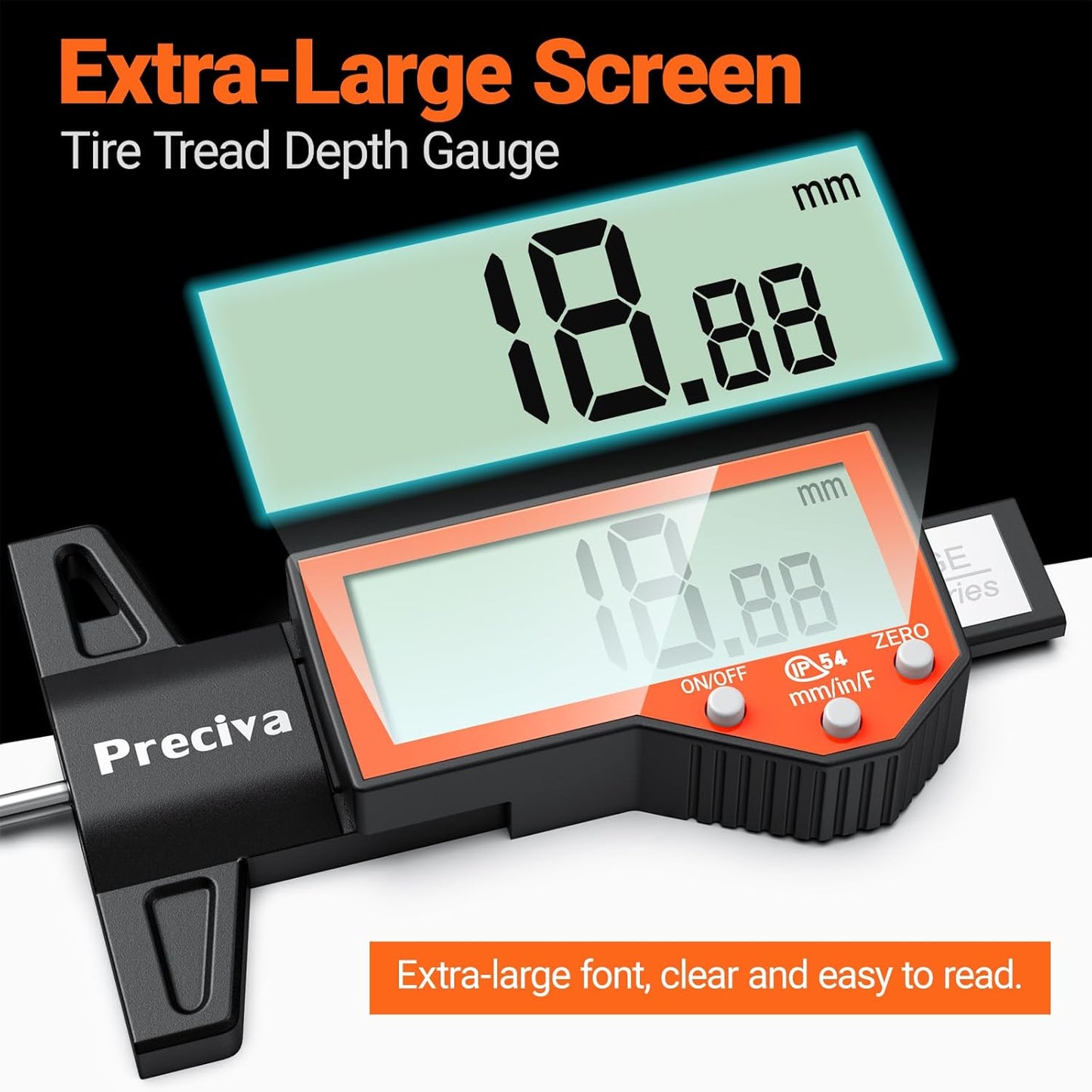 Preciva Tire Tread Depth Gauge, Digital Tire Depth Gauge with Large LCD Display and Inches, Millimeters, Fraction Conversion, Tread Depth Gauge Suitable for Thread Depth, Brake Shoe and Pad Wear