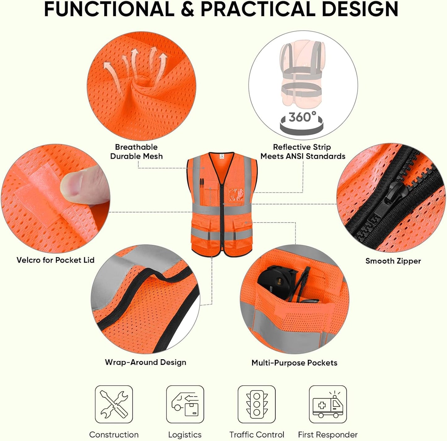 TICONN Reflective Safety Vest High Visibility Class II Mesh Vest for Women & Men Meets ANSI Standards