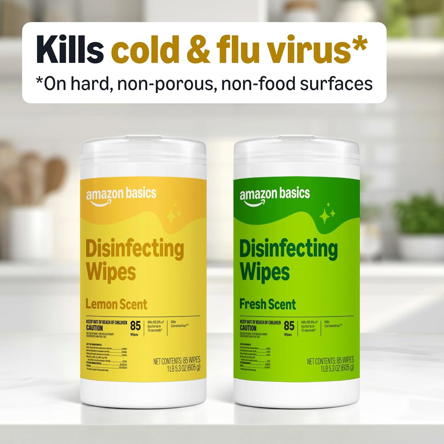 Amazon Basics Disinfecting Wipes, Lemon & Fresh Scent, Sanitizes, Cleans, Disinfects, Deodorizes, 340 Count (4 Packs of 85), Packaging May Vary