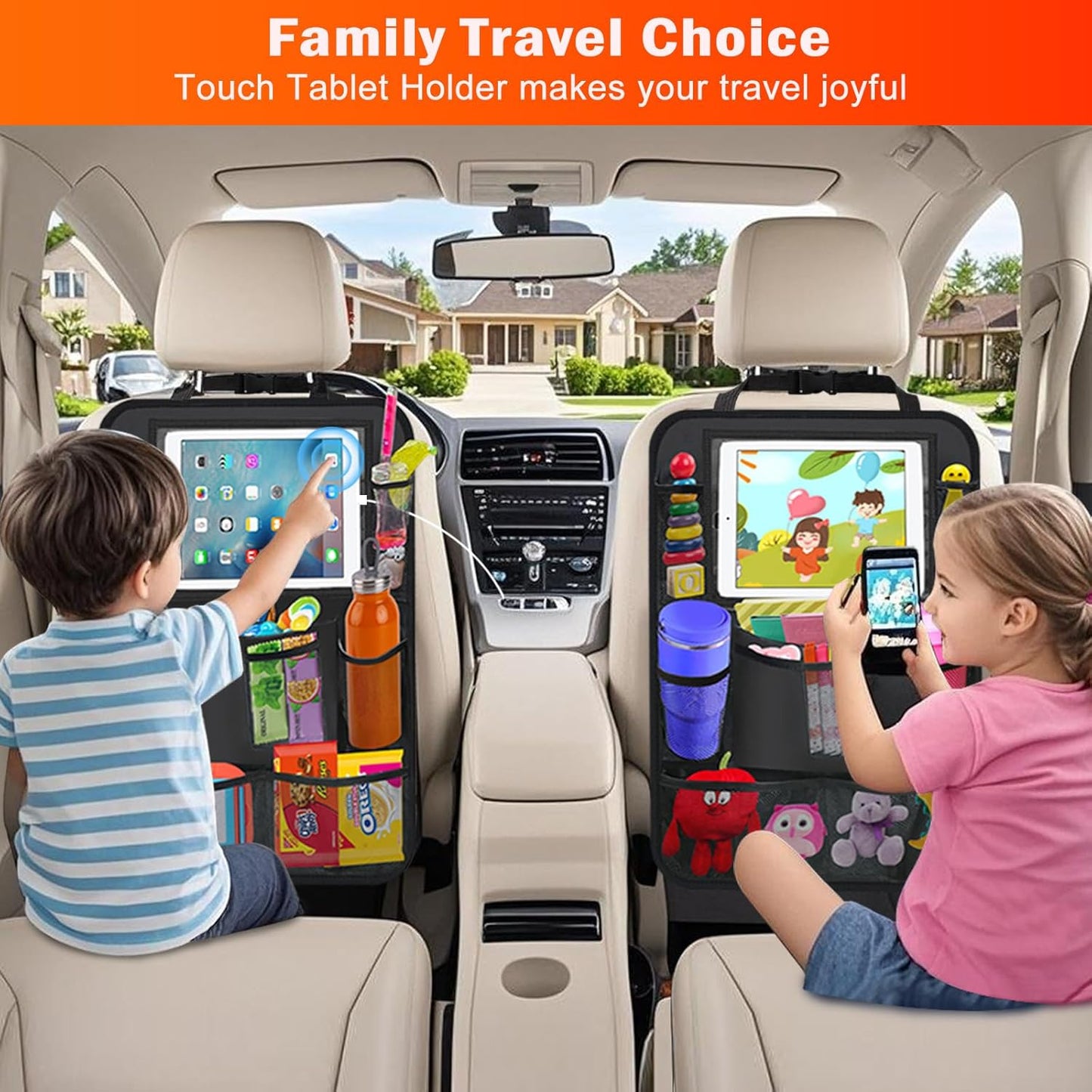 2Pack Car Backseat Organizer with Foldable Table Tray,6 Storage Pockets Car Storage Organizer with Tablet Holder,Car Seat Back Protectors Kick Mats Travel Accessories (Black)