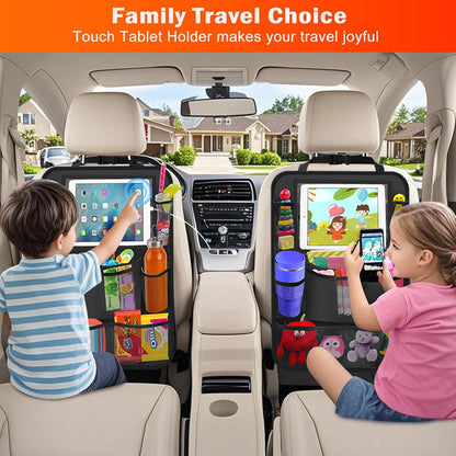 2Pack Car Backseat Organizer with Foldable Table Tray,6 Storage Pockets Car Storage Organizer with Tablet Holder,Car Seat Back Protectors Kick Mats Travel Accessories (Black)