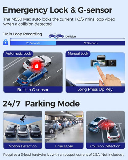 AZDOME M550 Max 4K 3 Channel Dash Cam, Dual STARVIS 2 Sensors, 4K+2.5K+1080P Front and Rear Inside Triple Car Camera, Built-in WiFi GPS, 64GB Card Included, IR Night Vision, Ride Share Accessories