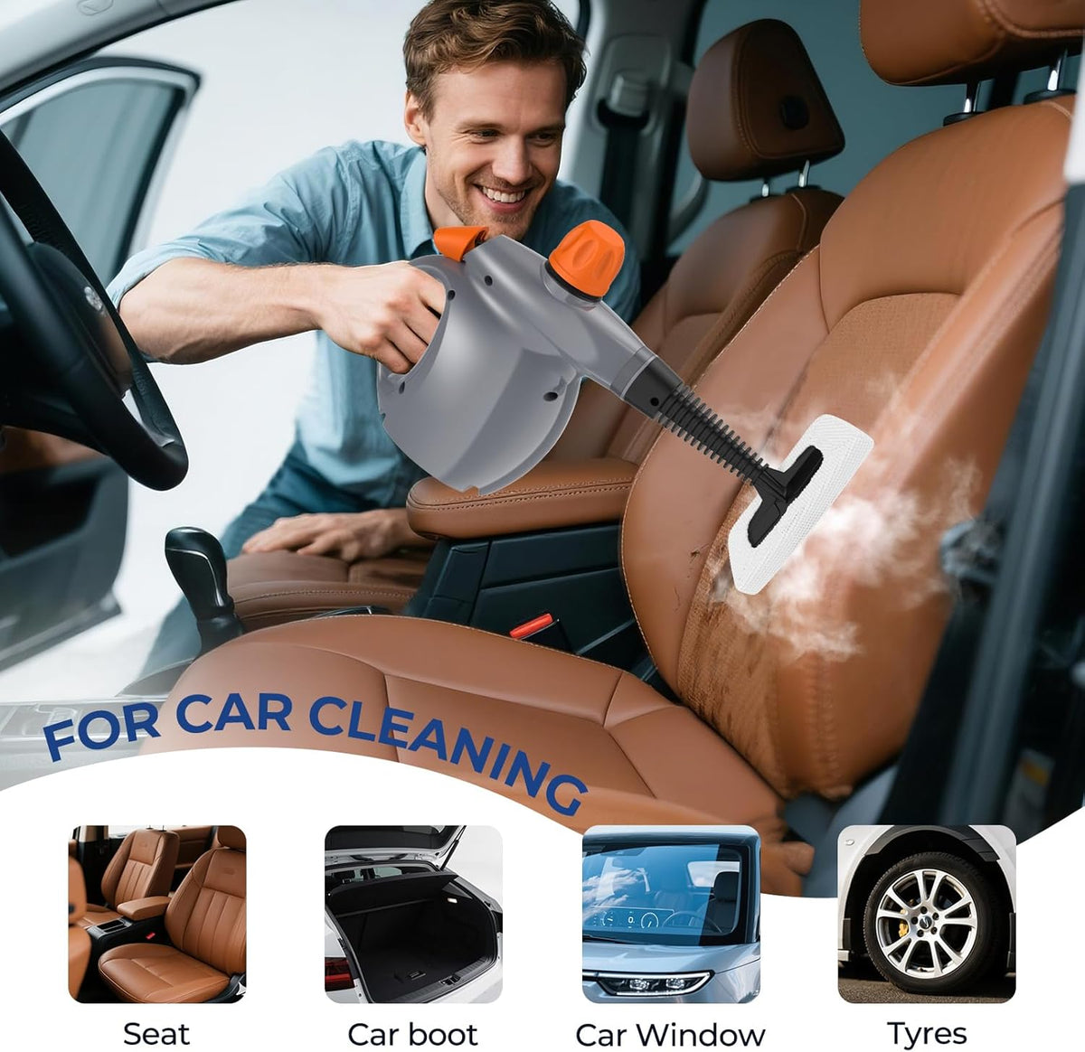 Steam Cleaner, Pressurized Handheld 13pcs Multi-Purpose Natural Deep Cleaning Steamer, Portable Steamer for Cleaning Home, Grout, Kitchen, Car, Window, Upholstery, Bathroom and Clothes, White