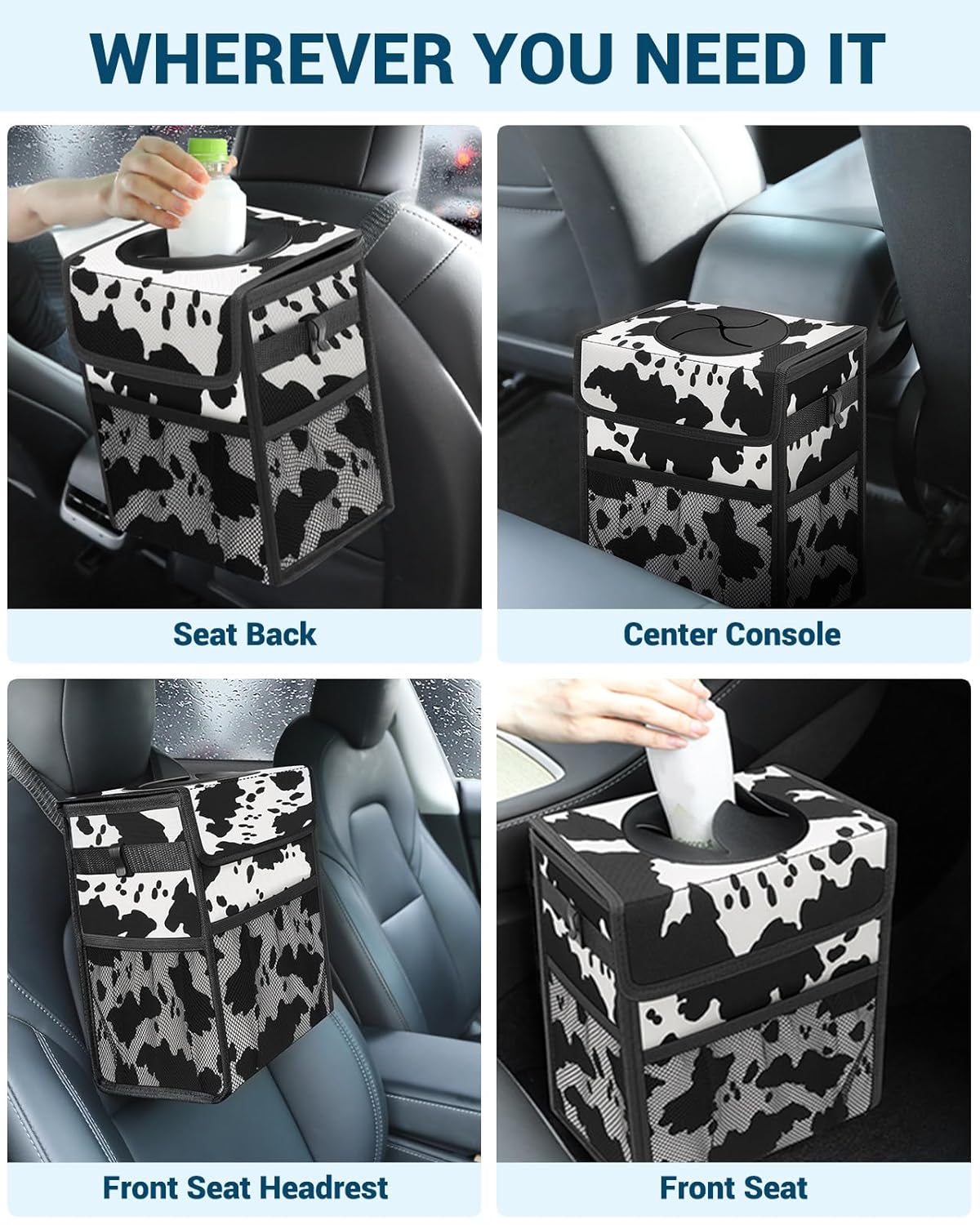 Capolo Car Trash Can with Lid, Leakproof Car Trash Bag Hanging Waterproof Automotive Garbage Can with Storage Pockets Mini Vehicle Trash Bin for Back/Front Seat(Black,2.5 Gallon)