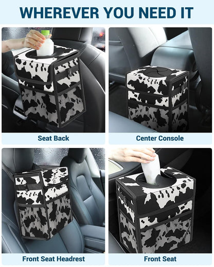 Capolo Car Trash Can with Lid, Leakproof Car Trash Bag Hanging Waterproof Automotive Garbage Can with Storage Pockets Mini Vehicle Trash Bin for Back/Front Seat(Black,2.5 Gallon)