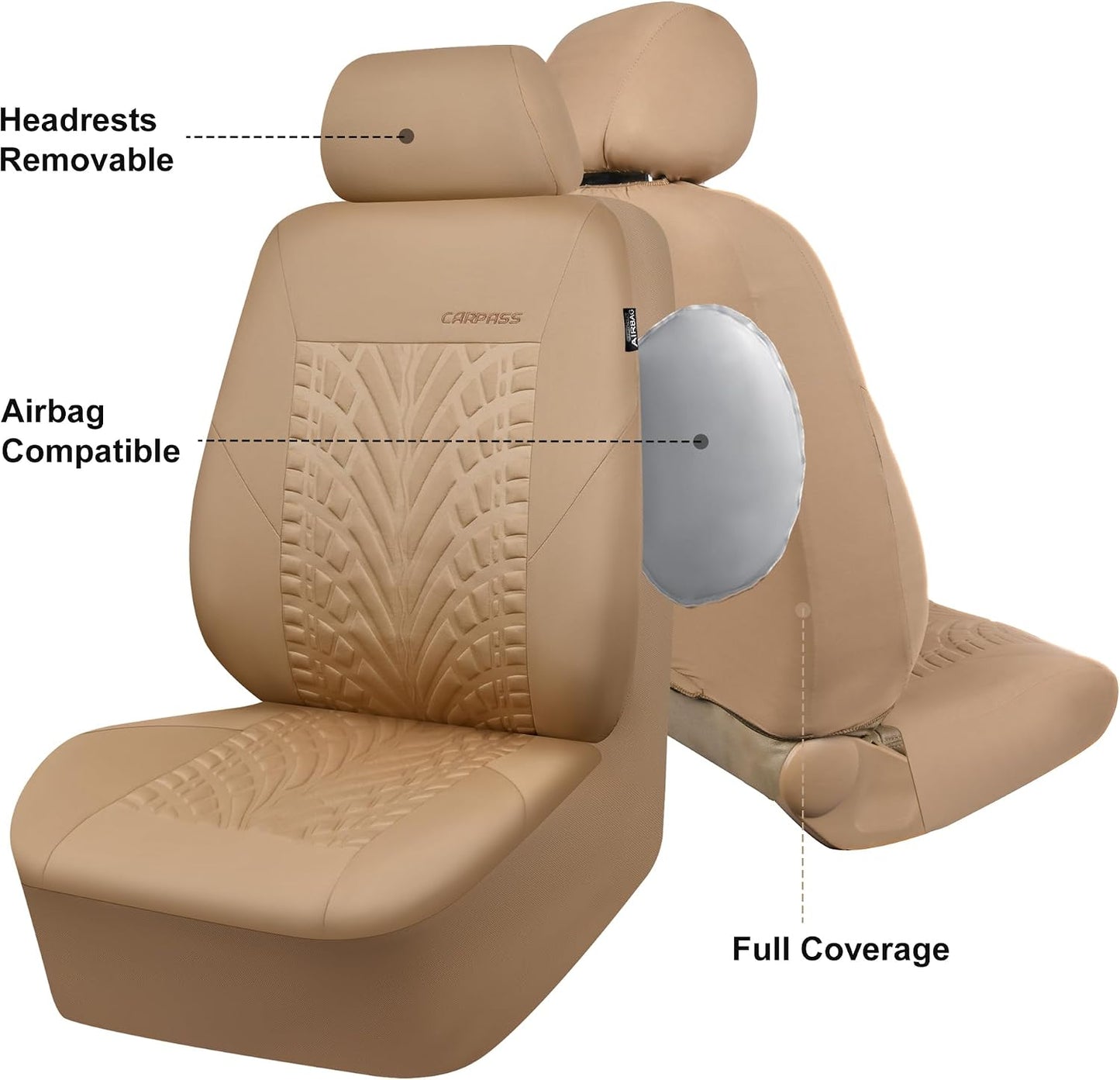 CAR PASS Car Seat Covers Full Sets, Front & Split Rear Bench for Car, 3D Tyre Embossed Automotive Interior Covers, Airbag Compatible, Quick Setup Universal Fit Seat Covers for Car, SUV(Charcoal)