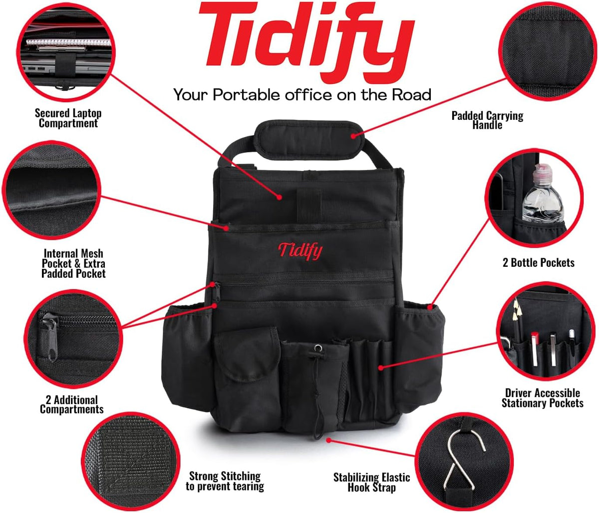 Tidify Back Seat Car Organizer with Dedicated Tablet and Laptop Storage Stabilizing Side Straps Soft Adjustable Shoulder Strap and Hardened Buckles Your Office Away from Office