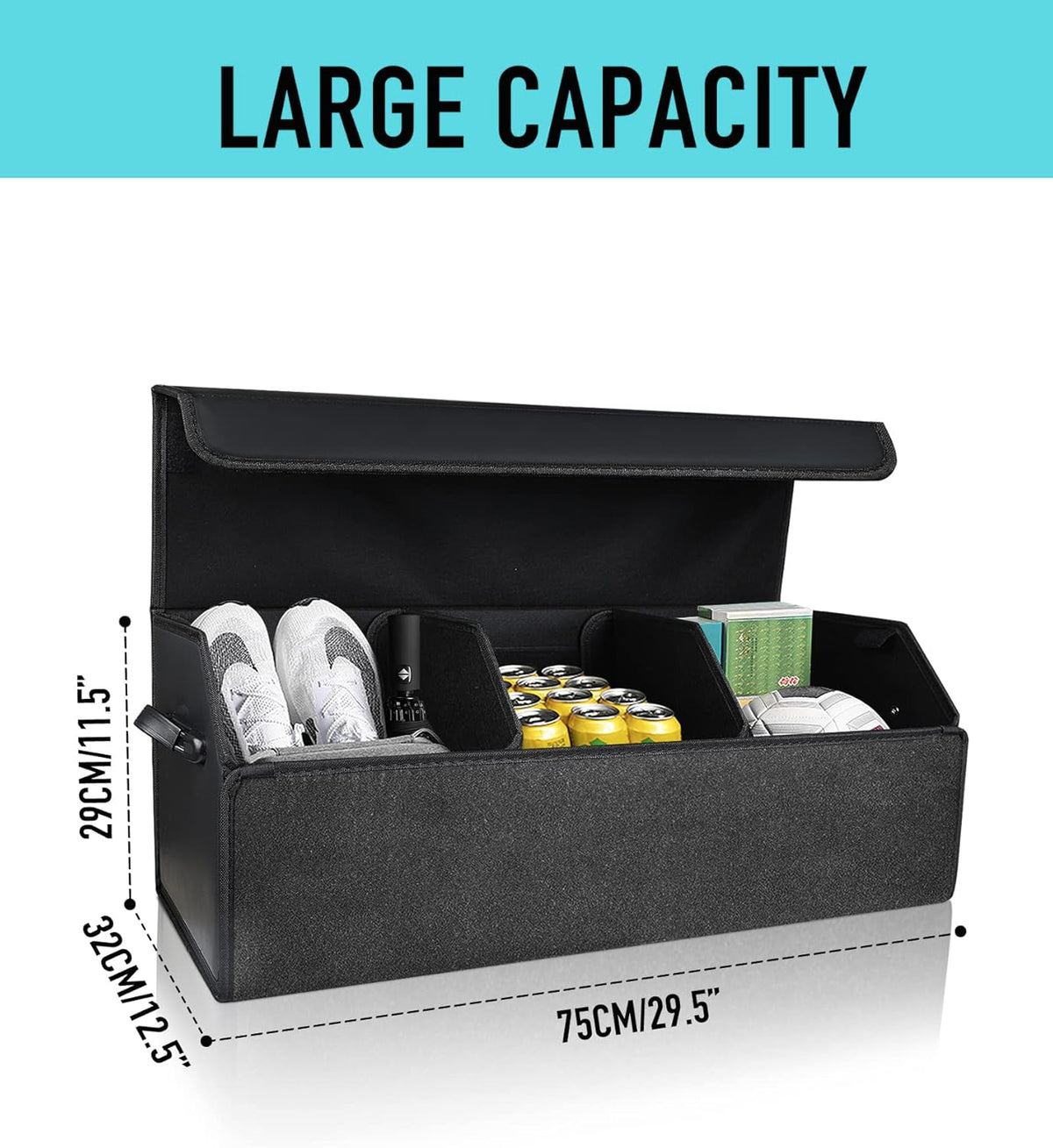 Fyzeoty Car Organizers for Trunk for Suv Sedan, Leather Storage Box,Magnetic Lid,Collapsible and Adjustable,16.5 inches