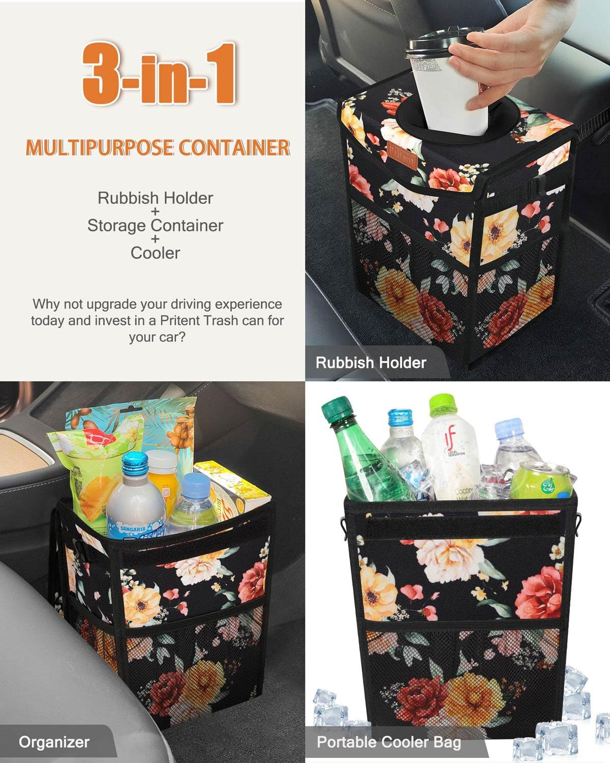 Pritent Car Trash Can with Lid, Cute Leakproof Car Trash Garbage Bag Hanging Vehicle Trash Bin Small Portable Automotive Garbage Cans Organizer for Back/Front Seat/Console(Trapezoid,Black)