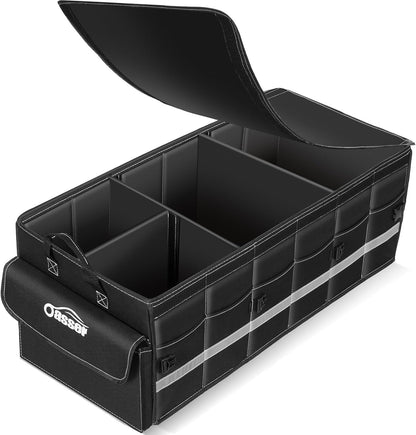 Oasser Car Trunk Organizer, 3 Compartments Collapsible Waterproof Car Organizer Storage with Foldable Cover, Reflective Strip, Non-Slip Bottom, 4 Mesh Pockets for SUV/Truck/Sedan/Camping/Road Trip