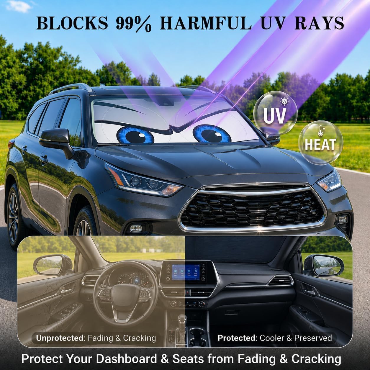 Car Windshield Sun Shade, Funny Cartoon Eyes Sun Visor for Car Windshield Universal Fits Sedan Compact Car Hatchback SUV, UV Heat Protection - 59 x 27.5