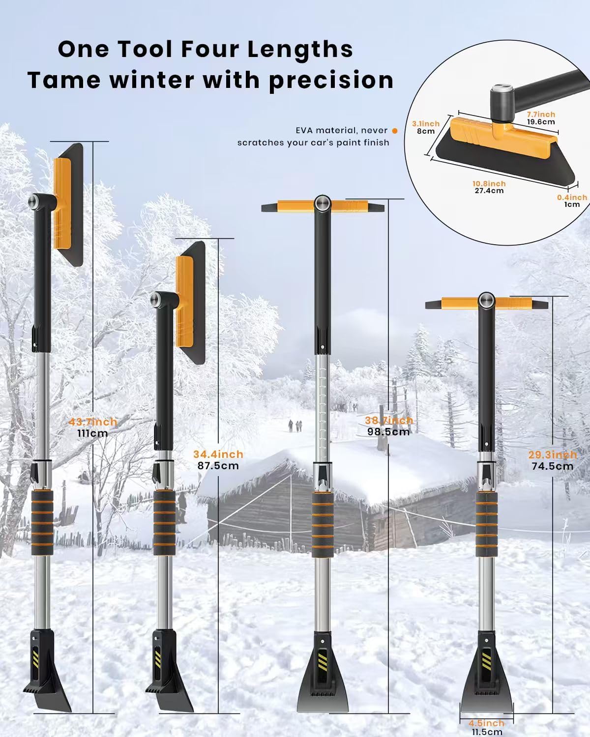 helloleiboo 43.7" Extendable Ice Scrapers for Car Windshield for 12 Adjustable Length Settings with Foam Grip and 360° Pivoting Brush Head Detachable Snow Brush for Truck SUV(Orange)