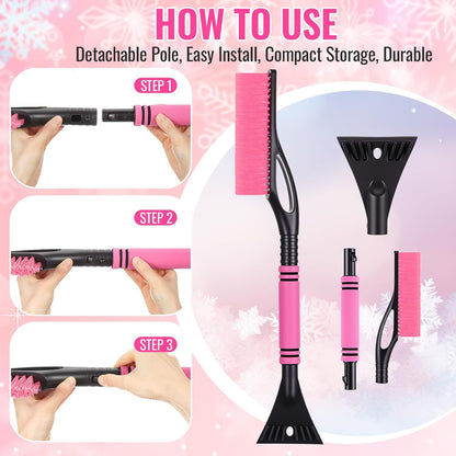Lasnten 24'' Snow Brush and Ice Scraper for Car Windshield, 2 in 1 Detachable Snow Scraper with Soft Grip Handle and Additional Handhold, Multi-Functional Removal Tool for Car, Truck, SUV(Pink)