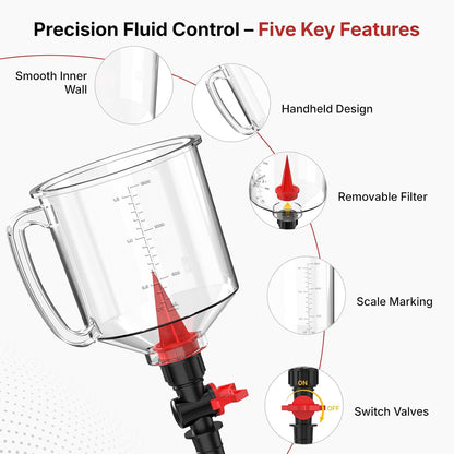 19-Piece No Spill Engine Oil Funnel Kit | 1.6QT Oil Change Kit w/ 12 Adapters, 2 Magnetic Trays, 45° Elbows, Arrow Filter & Gloves | Transparent Body w/Scale & Shut-Off Valve | Universal Fit