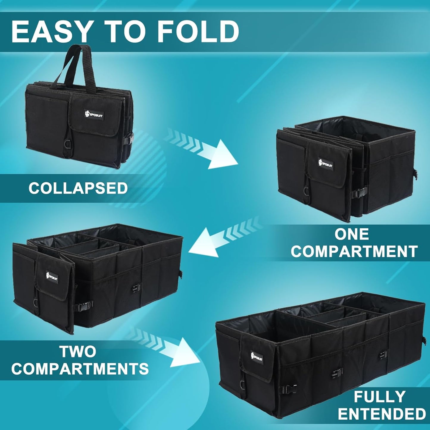 Sposuit Trunk Organizer for Car - 70L Collapsible Car Storage with 11 Pockets & Reinforced Handles, SUV Trunk Organizers for Grocery Cargo(Black)