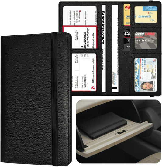 LINTRU Car Insurance and Registration Card Holder, Fits Folded Registration Papers, Double-Stitched Rigid Backing, Secure Elastic Closure, Vehicle Document Organizer, Car Accessories for Men & Women