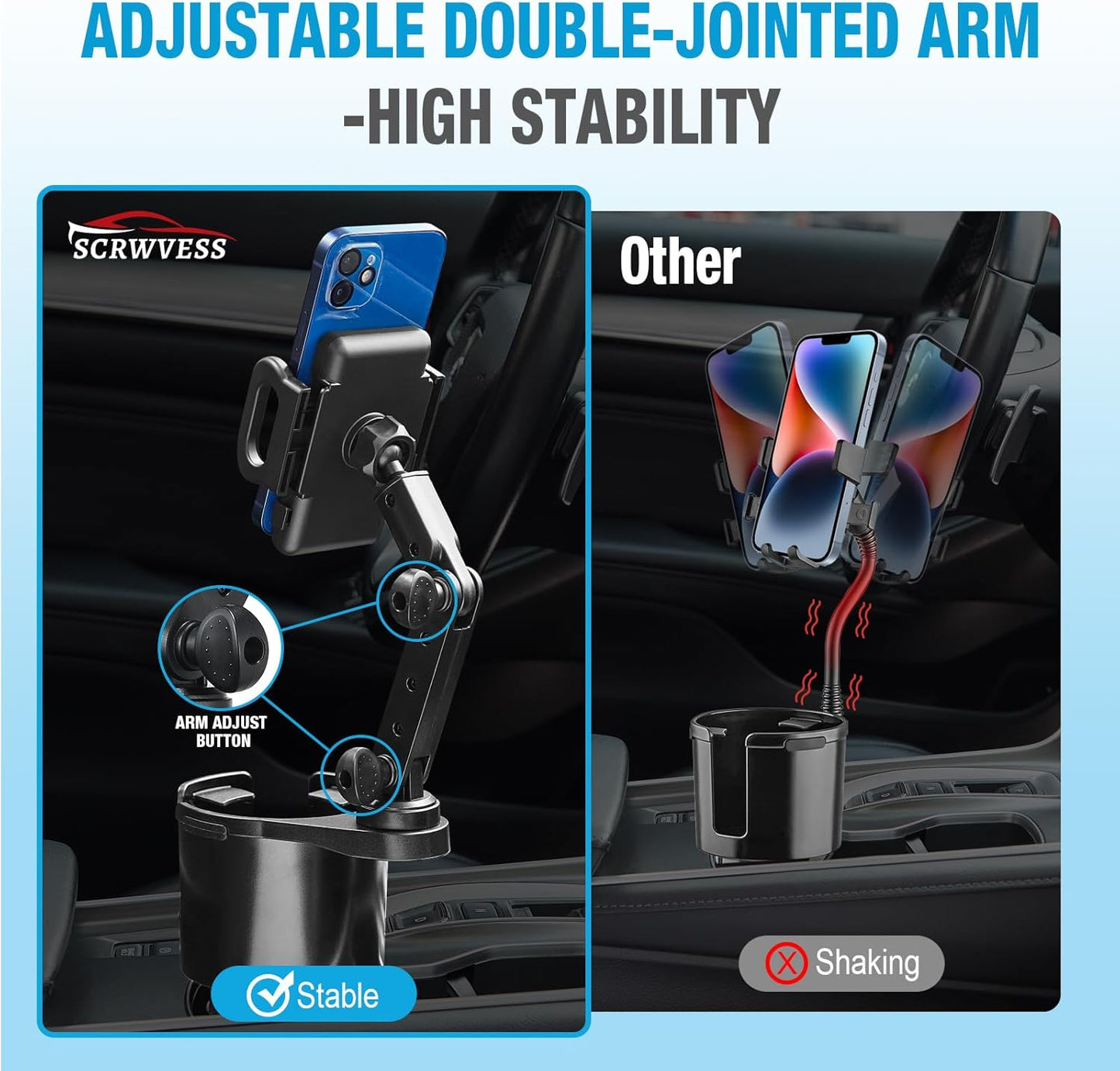 Cup Holder Phone Mount, 2 in 1 Cup Holder Expander for Car Long Arm with 360°Rotation Cup Holder Cell Phone Holder for Car Compatible with All Smartphones
