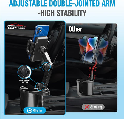 Cup Holder Phone Mount, 2 in 1 Cup Holder Expander for Car Long Arm with 360°Rotation Cup Holder Cell Phone Holder for Car Compatible with All Smartphones
