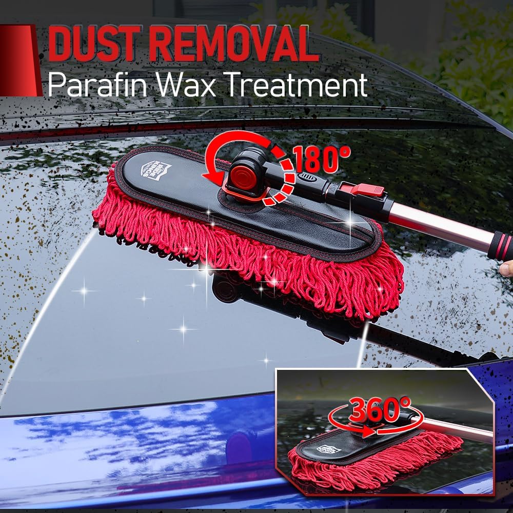 Car Duster Exterior Scratch Free with Extendable Handle, Microfiber Car Cleaning Brush for Dust Removal + Small Detailing Brush for Interior Care