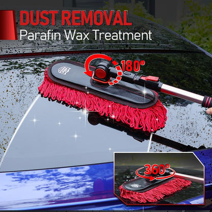 Car Duster Exterior Scratch Free with Extendable Handle, Microfiber Car Cleaning Brush for Dust Removal + Small Detailing Brush for Interior Care