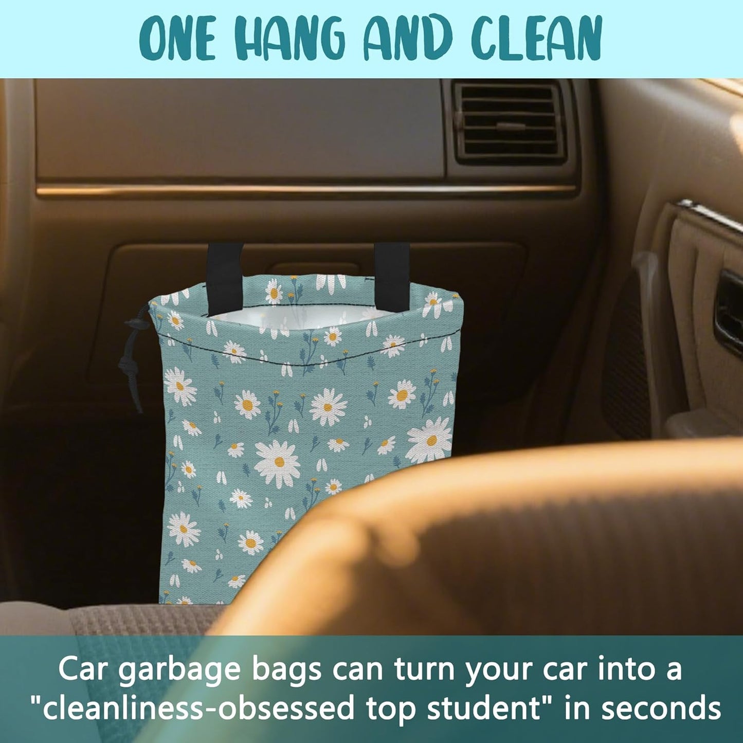 Car Garbage Bag Colorful Floral Spring Daisy Drawstring Car Trash Bag Hanging for Back Seat with Adjustable Buckle Canvas Vehicle Trash Can Easy-to-Install