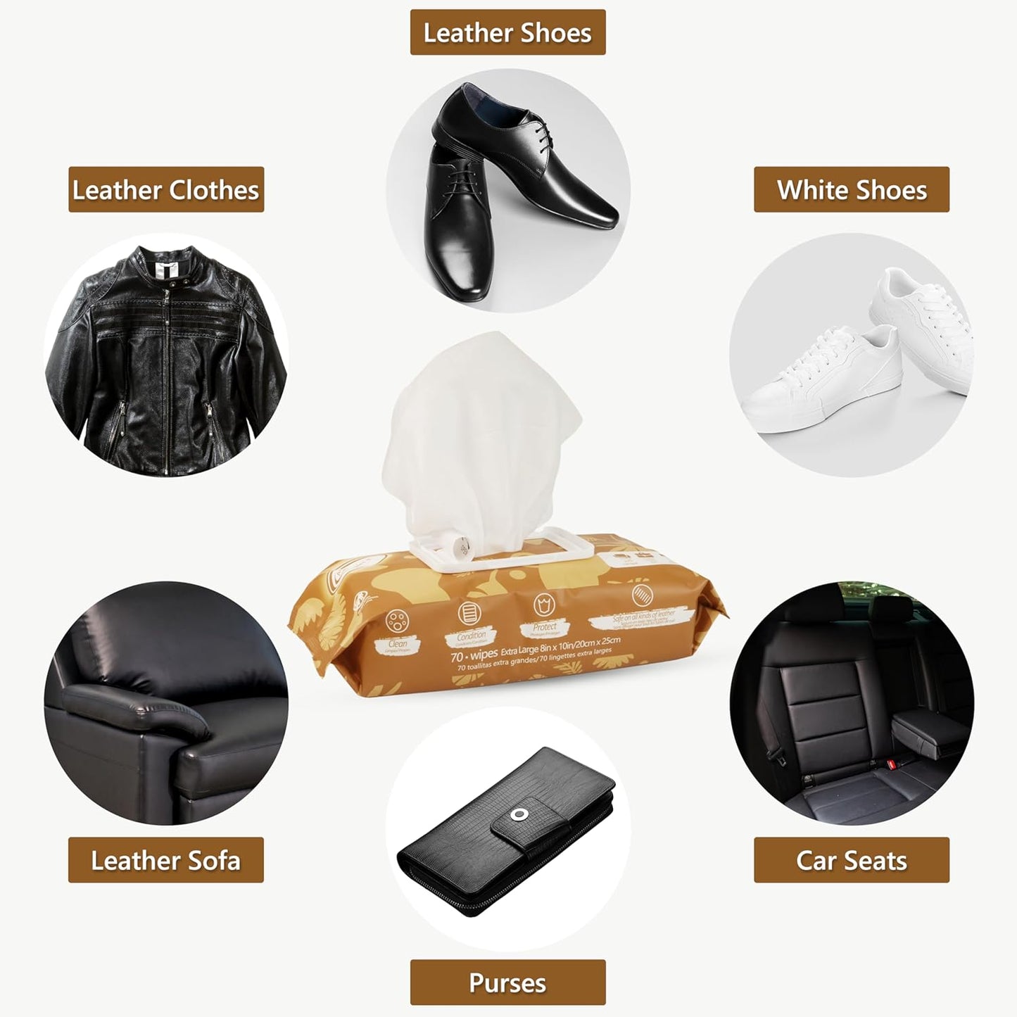 Air Jungles 3in1 Leather Cleaner Wipes 70 Count, Extra Large 8" x 10" Size, Clean Condition Protect Wipes for Vinyl and Leather Apparel Furniture Auto Car Interior Shoes Boots Bags