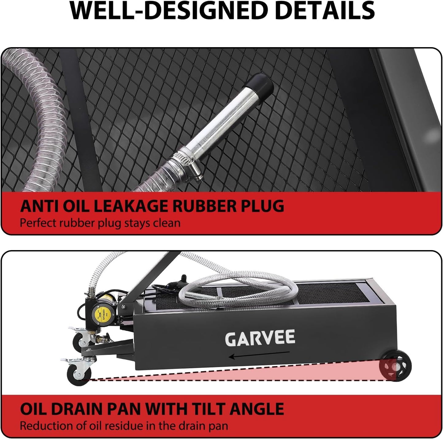 Garvee 20 gal Oil Drain Pan Oil Drain Tank, 76 L Low Profile Oil Drain Pan, Large Capacity Oil Change Pan with Manual Pump & T Foldable Hand and Wheels, 8 ft Hose Oil Drain Cart for Car, SUV, Trucks