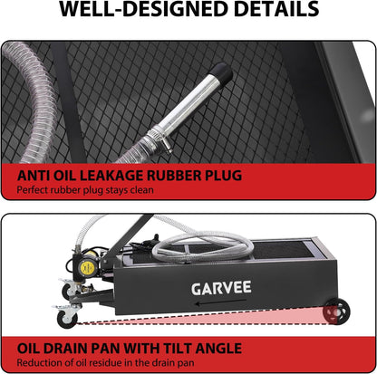 Garvee 20 gal Oil Drain Pan Oil Drain Tank, 76 L Low Profile Oil Drain Pan, Large Capacity Oil Change Pan with Manual Pump & T Foldable Hand and Wheels, 8 ft Hose Oil Drain Cart for Car, SUV, Trucks