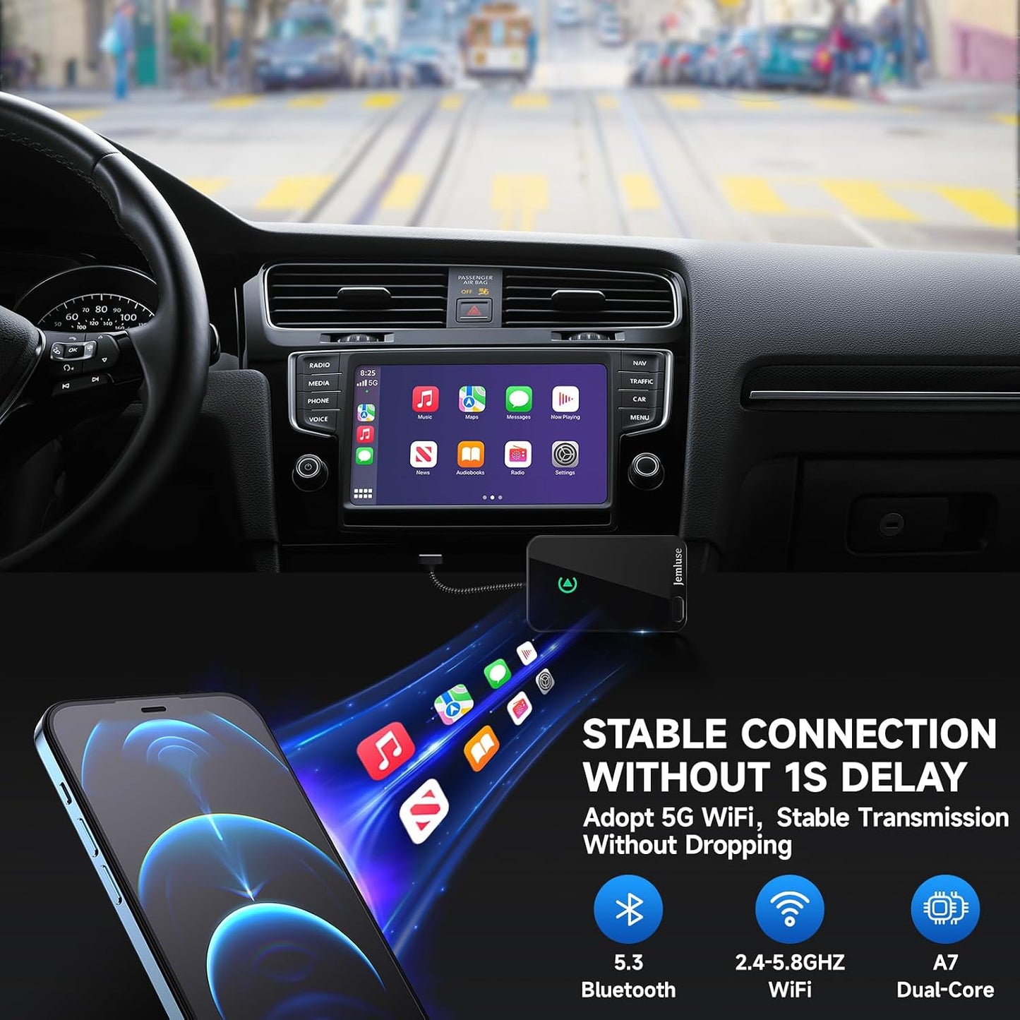 Jemluse Wireless CarPlay Adapter for Apple iPhone - Multi-User Seamless Connection for Convert Wired to Wireless Car Play Adapter - No Latency from iOS 10+ to Screen w/USB C (Gray)