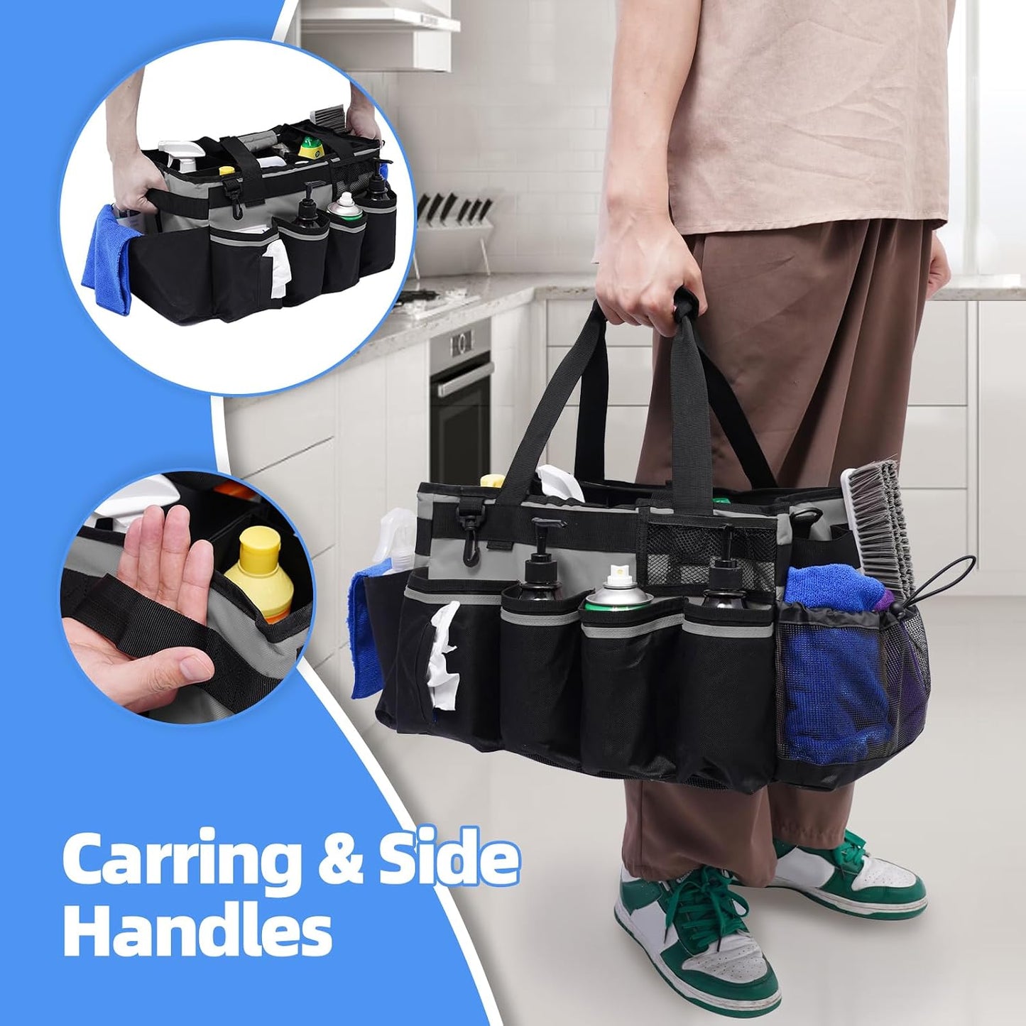 Large Cleaning Supplies Bags for Housekeepers, Professional Wearable Cleaning Supply Caddy for House Cleaners Detail Car Cleaning Supplies Organizer Tote with Handle, Grey