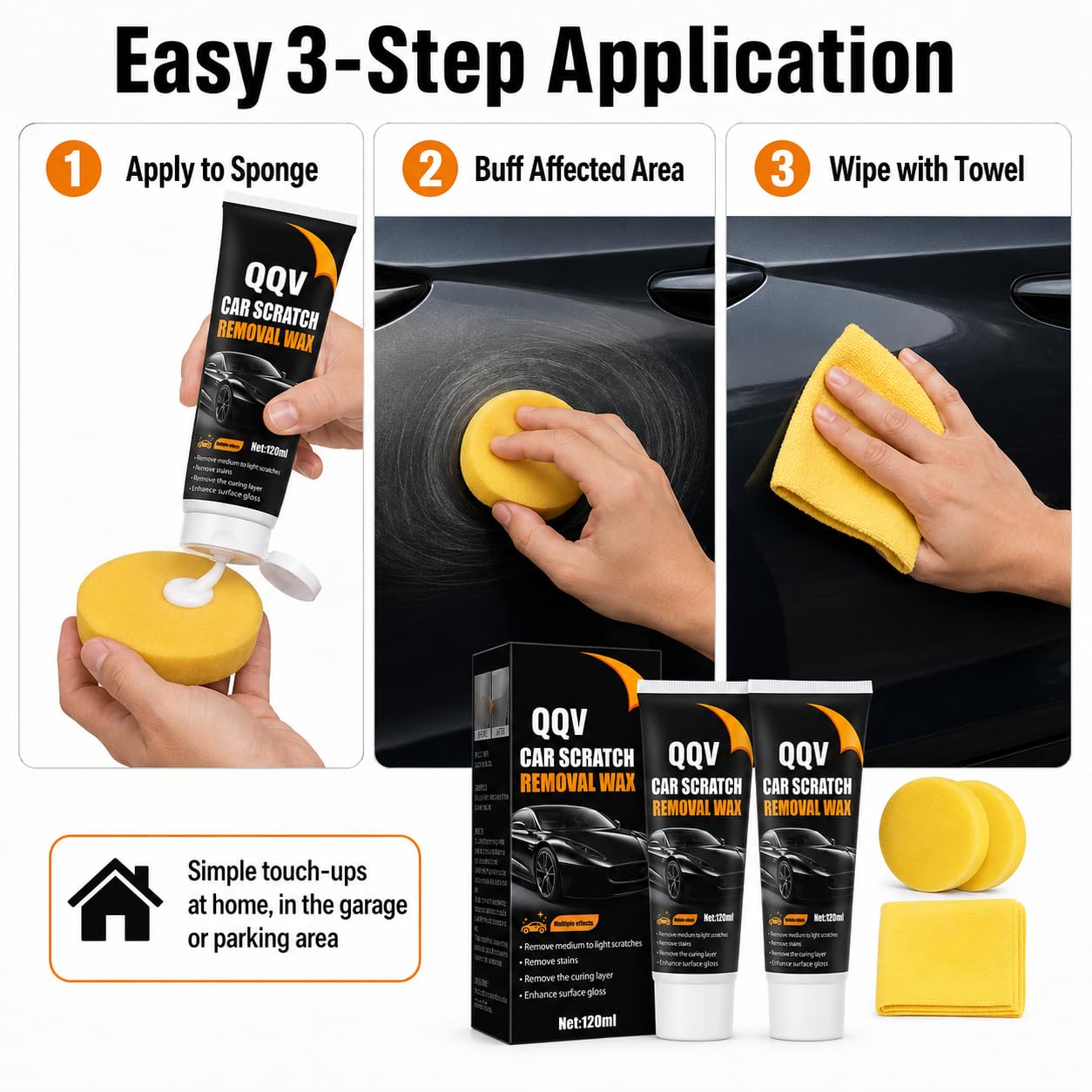 Car Scratch Remover Kit, Car Paint Scratch Repair for Light Scratches Swirl Marks Scuffs, Auto Scratch Remover with Sponge and Towel, Restores Gloss and Shine for All Paint Colors (2Pcs)