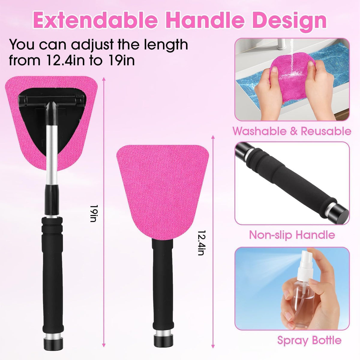Windshield Cleaner Tool, Car Interior Cleaning Kit with Extendable Handle and 3 Reusable Microfiber Pads, Auto Glass Wiper and Detailing Brush Kit for Car & Home Window, Blue