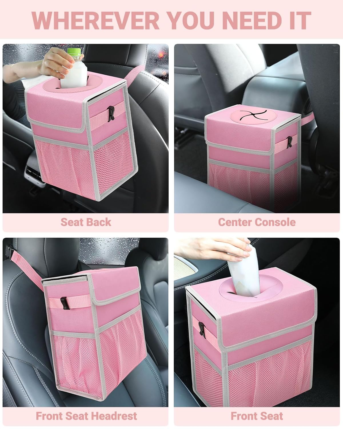 Capolo Car Trash Can with Lid, Leakproof Car Trash Bag Hanging Waterproof Automotive Garbage Can with Storage Pockets Mini Vehicle Trash Bin for Back/Front Seat(Black,2.5 Gallon)