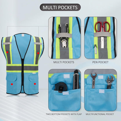 High Visibility Reflective Safety Vest with Zipper and Pockets Orange,M