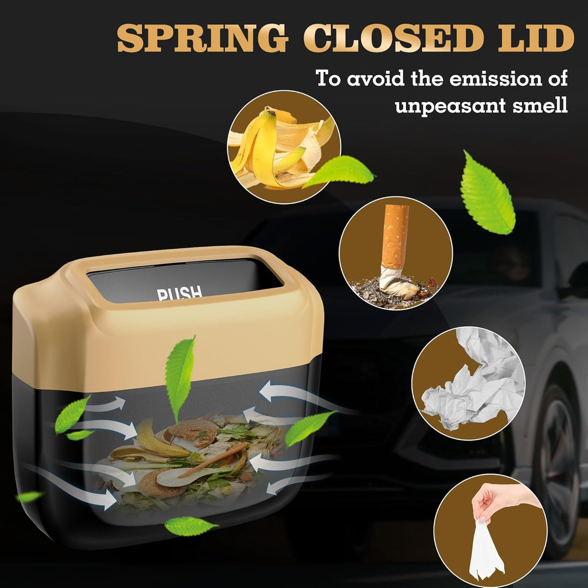 2 Packs Car Trash Can with Lid，Built-in Storage Garbage Bag，Leakproof Vehicle Trash，Car Accessories for Interior,Mini Garbage Bin for Automotive, Office, Kitchen,Bedroom，with 60pcs Trash Bags