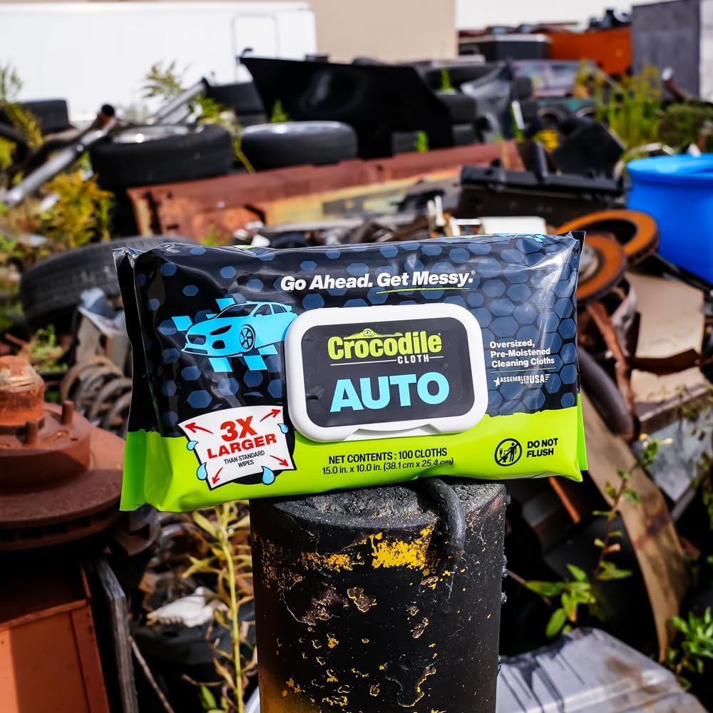 Crocodile Cloth Auto Cleaning Wipes – 100 XL (15" x 10") Disposable Wipes for Car Engine Degreasing, Body Detailing & Tire Cleaning – Cuts Grease, Oil, Adhesives on Hands, Tools, Parts & More