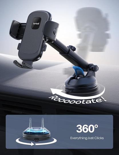 Lamicall Car Phone Holder - [Strongest Military-Grade Suction Cup] 360° Rotation Phone Holders for Your Car Quick Release Adjustable Phone Mount for Car Dashboard for iPhone 17 16 Pro Max Galaxy Truck