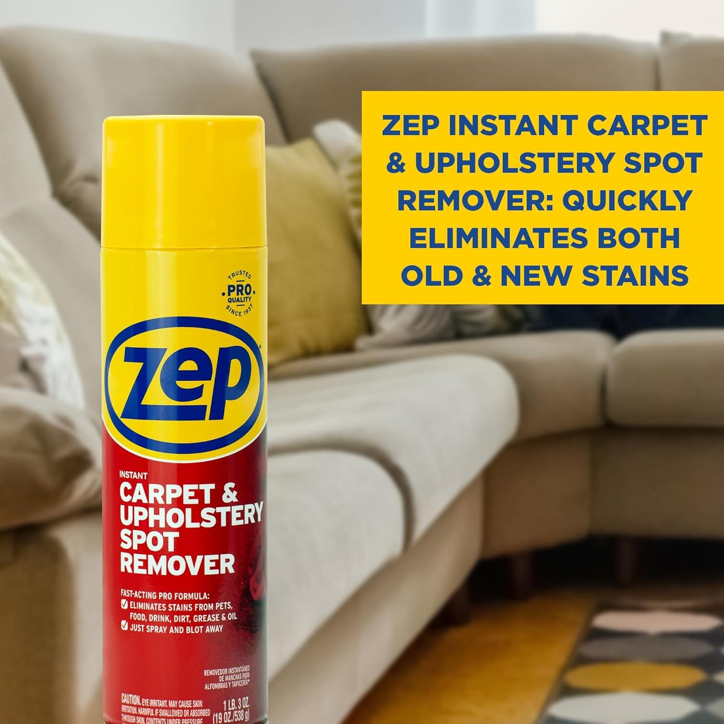 Zep Instant Carpet & Upholstery Spot Remover 19 oz (2 Units) and a Blue Microfiber Rag ECBD027-2-Pack Powerful Stain Remover for Carpet, Rugs, and Upholstery Paired with a Reusable Cloth