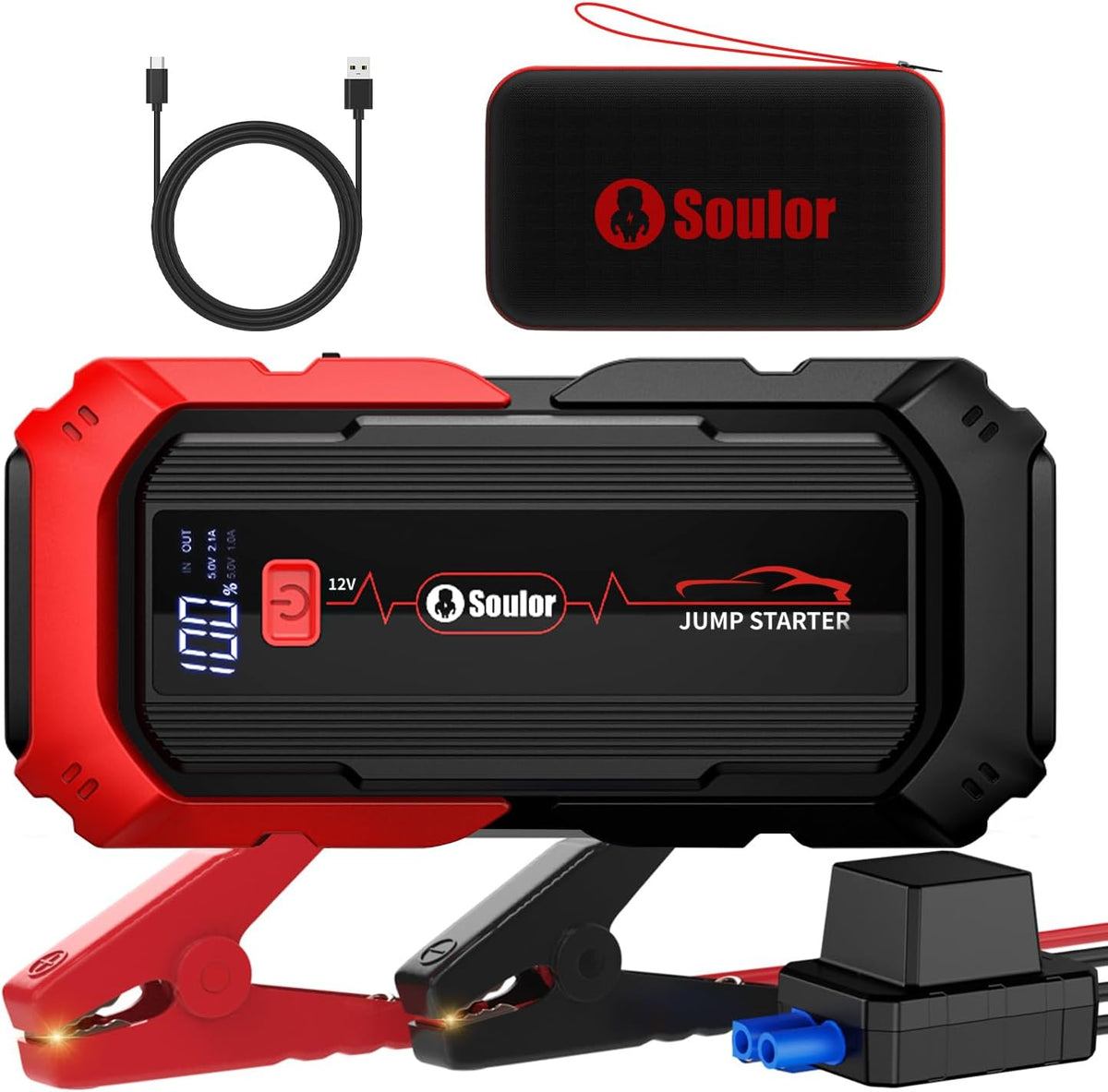 Jump Starter, Battery Jumper Starter Portable, Car Battery Jump Starter with 3 Modes Flashlight, Compass, Power Bank and Jumper Cable