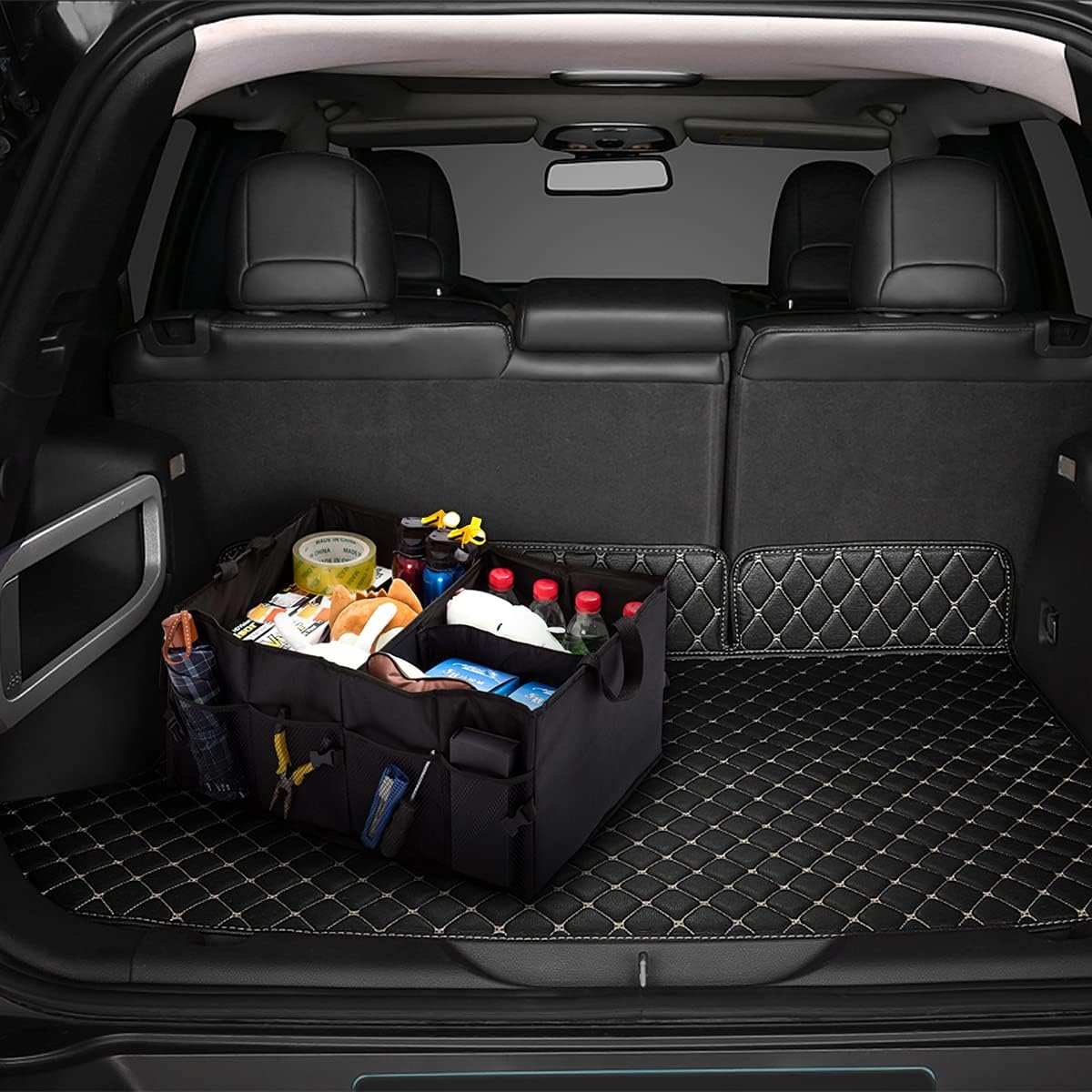 Car Trunk Organizer, Portable Foldable Waterproof Auto Storage Bag with 3 Compartments, Collapsible Cargo Trunk Groceries Organizer, Car Accessories Universal for SUV, Truck, Van, Sedan (Black2)