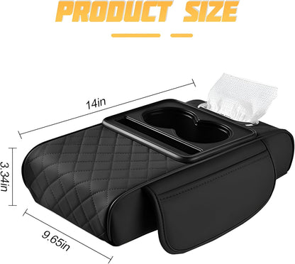 Zpana Car Center Console Armrest Pillow, Memory Foam Leather 4 in 1 Vehicle Arm Rest Cover with Tissue Box 2 Side Storage Bag Cup & Phone Holder, Auto Armrest Cushion, Universal Fit (Black)