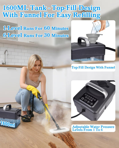 Steam Cleaner for Home - 1600ML Water Tank 15s Heat-Up Portable Steamer for Cleaning, 6 Level Adjustable, 2500W, 45PSI, 250°F Steam, Handheld Steam Cleaner for Car Detailing, Grease, Tile,Grout